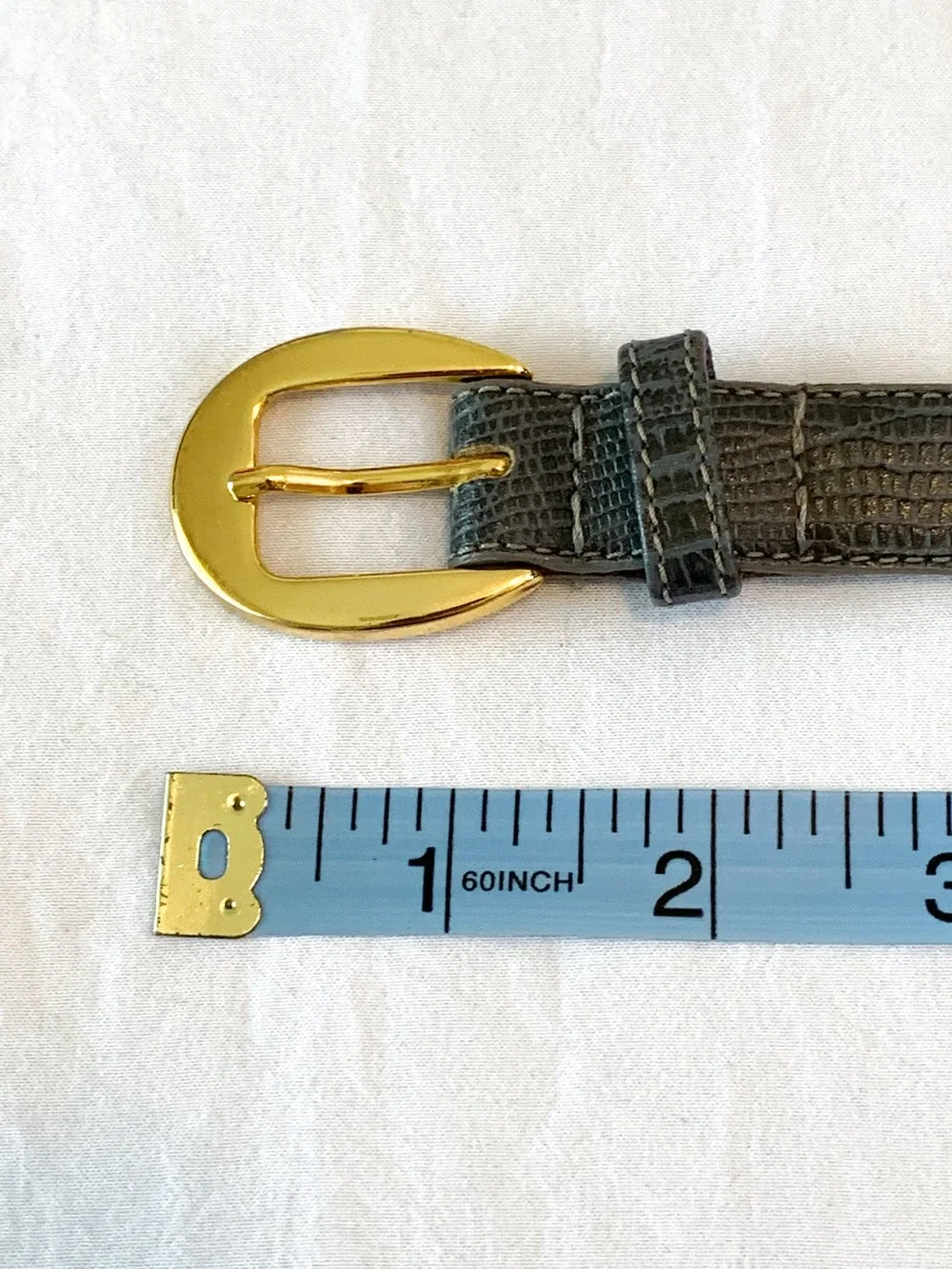 Vintage Greg Adams gray lizard embossed leather belt solid brass buckle size M/L